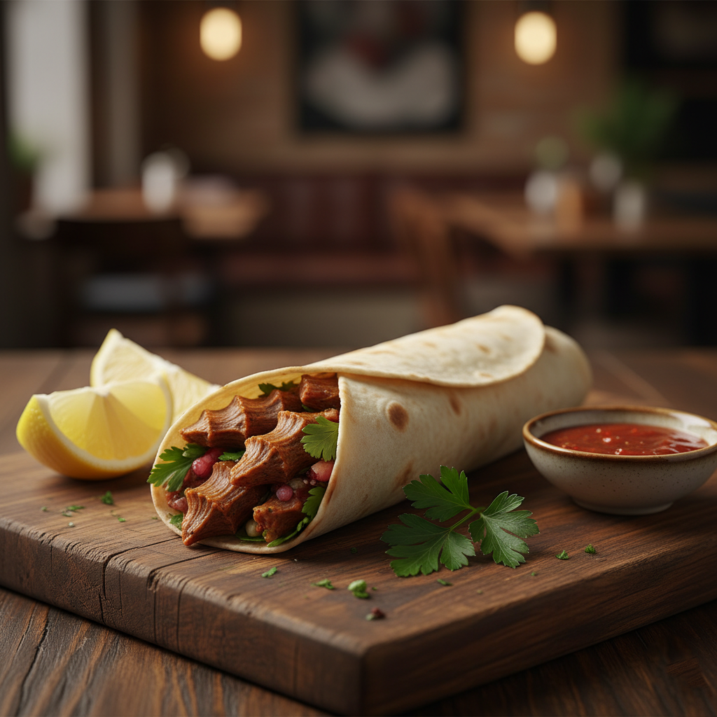 Tahta servis tahtası üzerinde çiğ köfte dürümü, limon ve sos ile