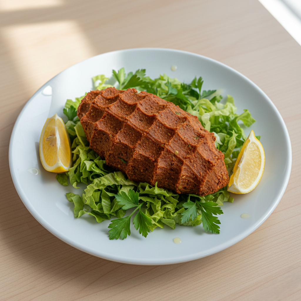 Porsiyon çiğ köfte tabağı, taze yeşillik ve limon ile