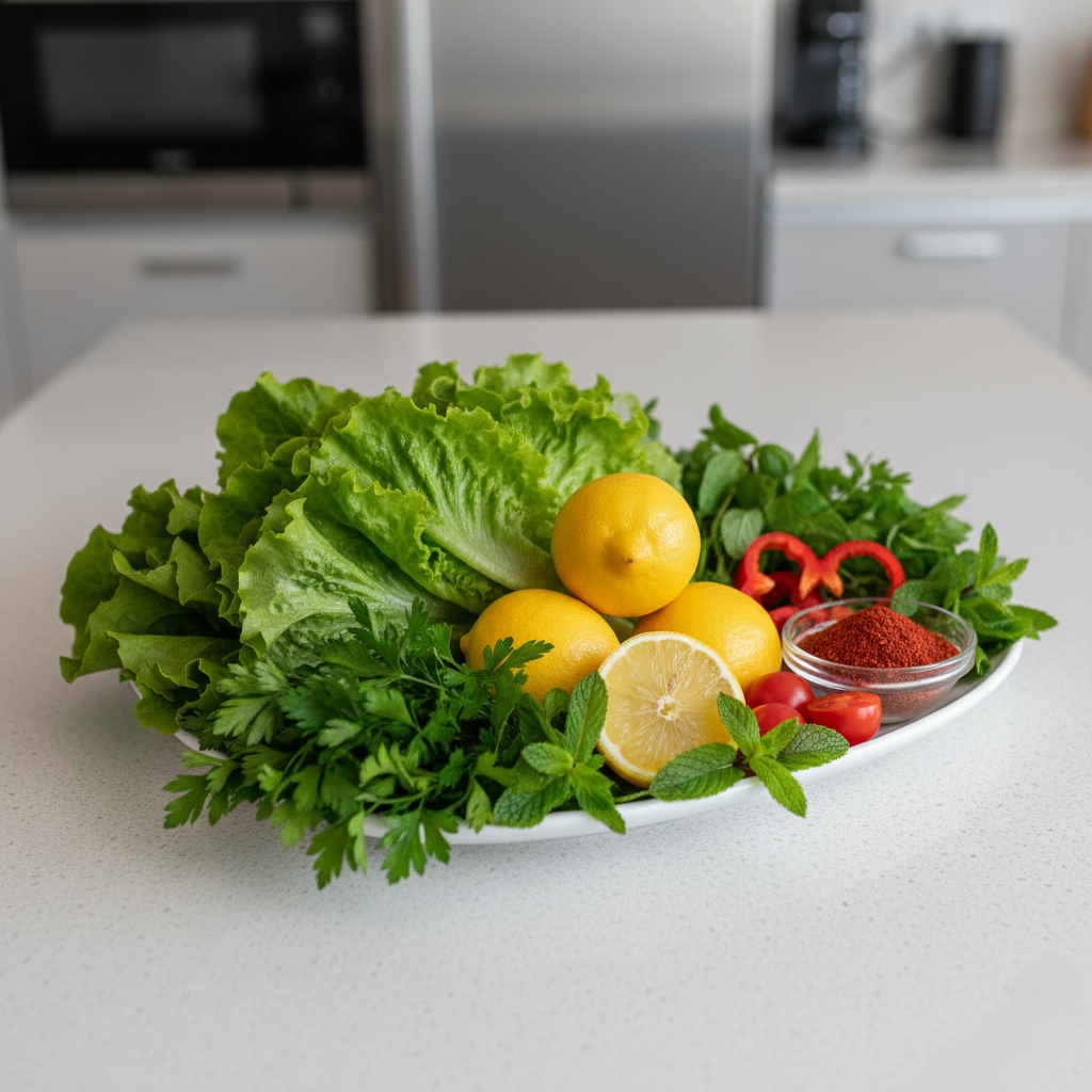 Taze yeşillikler ve çiğ köfte malzemeleri, hazırlık